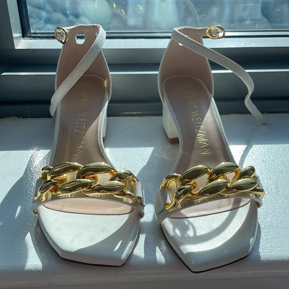Stuart Weitzman “Amelia Block 50 Chain Sandals”, 2-inch Heel, in White
